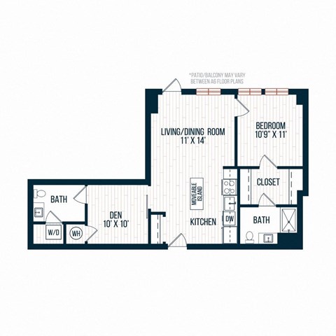 Floor plan for 1 bed, 1.5 baths, 857 sqft